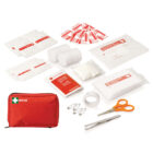 A red first aid kit is open, displaying its contents: bandages, gauze, scissors, tweezers, adhesive tape, safety pins, antiseptic wipes, and a first aid guide. The items are neatly arranged on a white background.