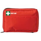 A red, zippered first aid kit with a cross symbol and the words First Aid printed on it. The kit has a front pocket and a compact, rectangular design.