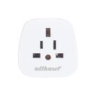 A white electrical plug adapter with three rectangular prongs and the word allkauf printed on it.