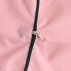 Close-up of a pink fabric with a silver zipper. The zipper is halfway undone, revealing a black inner lining. The fabric appears smooth and slightly reflective.