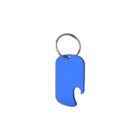 A blue, rectangular aluminum bottle opener with a keyring. It has a rounded top and a curved opening on one side for bottle caps.