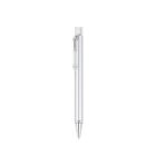 A sleek, metallic silver pen with a clear plastic clip and a polished tip, displayed vertically against a plain white background.