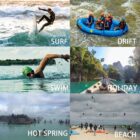 Top-left: Person surfing on a wave. Top-right: Group rafting on a river. Middle-left: Person swimming in open water. Middle-right: Person sitting in a canoe enjoying scenic view. Bottom-left: People relaxing in a hot spring. Bottom-right: Beach with kite surfers.