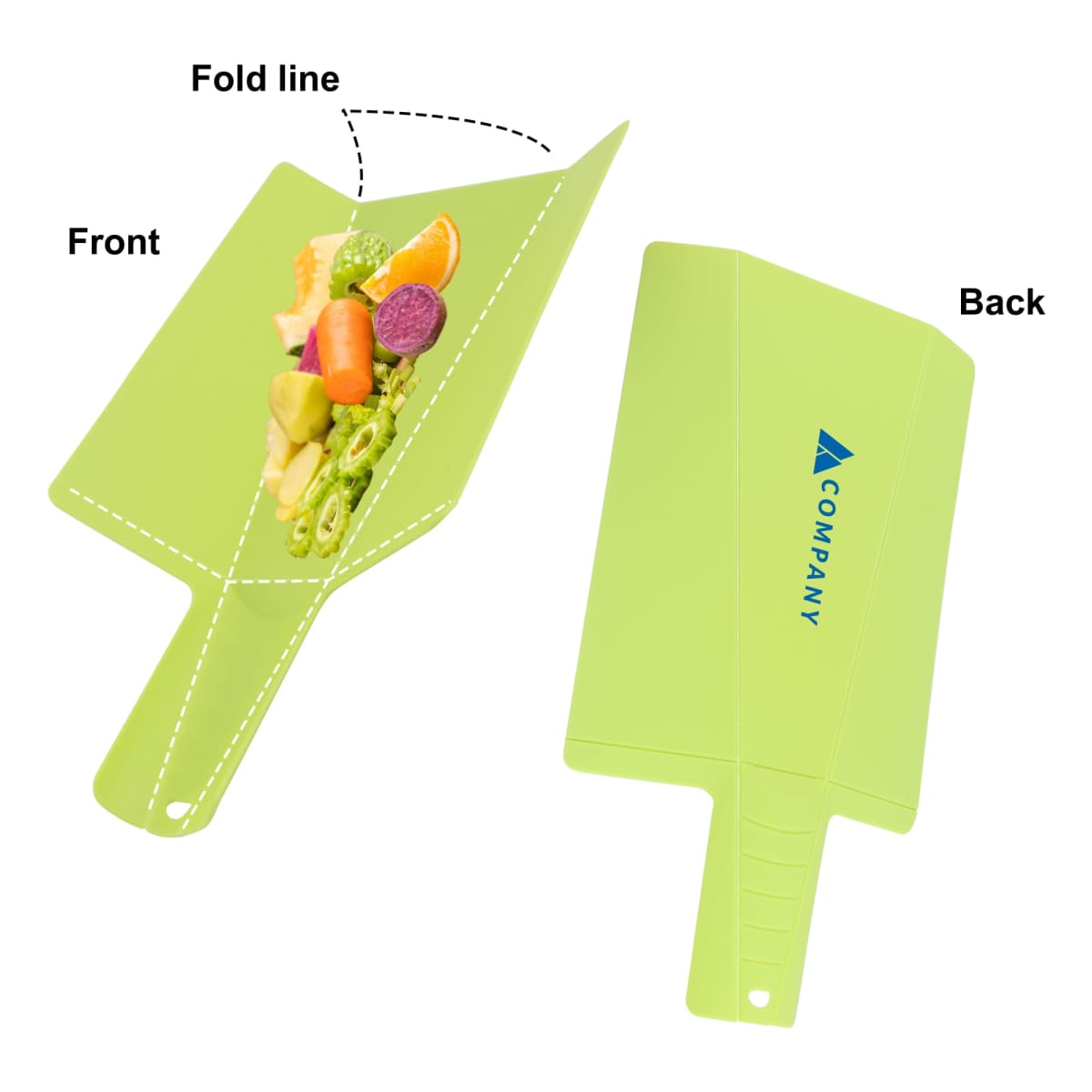 Two views of a green foldable cutting board: the front shows assorted fruits and vegetables with a fold line for easy pouring, and the back displays a logo and textured handle.