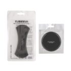 Packaging of two black adhesive products labeled Flourish Lama and Fixate Gel Pads. The first is a curved strip, and the second is a circular pad, both in clear plastic bags.