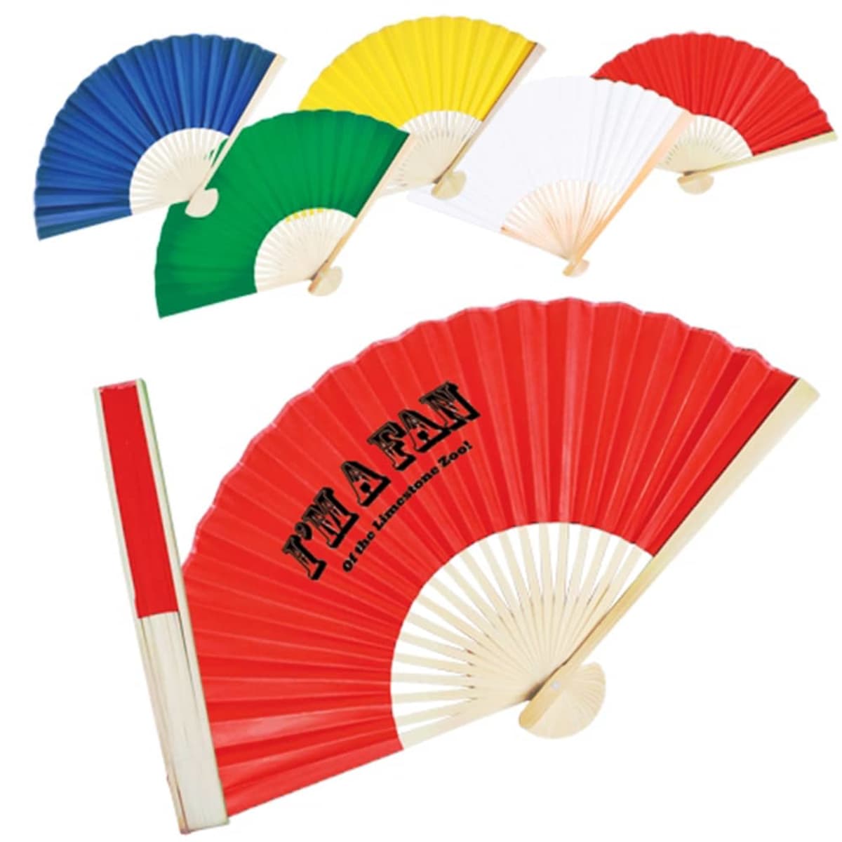 A collection of colorful handheld folding fans with wooden handles displayed on a white background. Fans are red, green, blue, yellow, and white. The red fan in the foreground has IM A FAN printed on it in black letters.