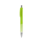 A green retractable ballpoint pen with a silver tip and clip, set against a white background.