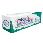 A green and white box with the text Youth Ministries: Uniting Todays Youth with God and the logo The Stand Out Church. It features colorful silhouettes of people and a cross in a circular emblem.