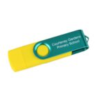 A yellow USB flash drive with a green swivel cover, marked with Courtenay Gardens Primary School.