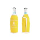 Two yellow bottle sleeves with white trim, featuring the text I Love Cans, a breast cancer awareness ribbon, and a website URL www.sbcf.org.au. One bottle is shown from the front, and the other from the back.