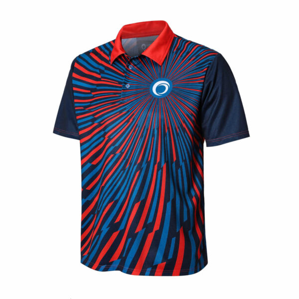 A short-sleeve polo shirt featuring a vibrant red and blue radial pattern emanating from a circular emblem on the chest. The collar is solid red, and the shirt has a modern, dynamic design.