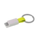 A compact keychain with a white USB connector attached to a lime green flexible loop, connected to a metallic key ring.