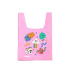 A pink tote bag with colorful, cartoon-style illustrations, including a blue creature, a cloud face, a flower, a rainbow, and a red character. The word WOW is also featured among the playful designs.