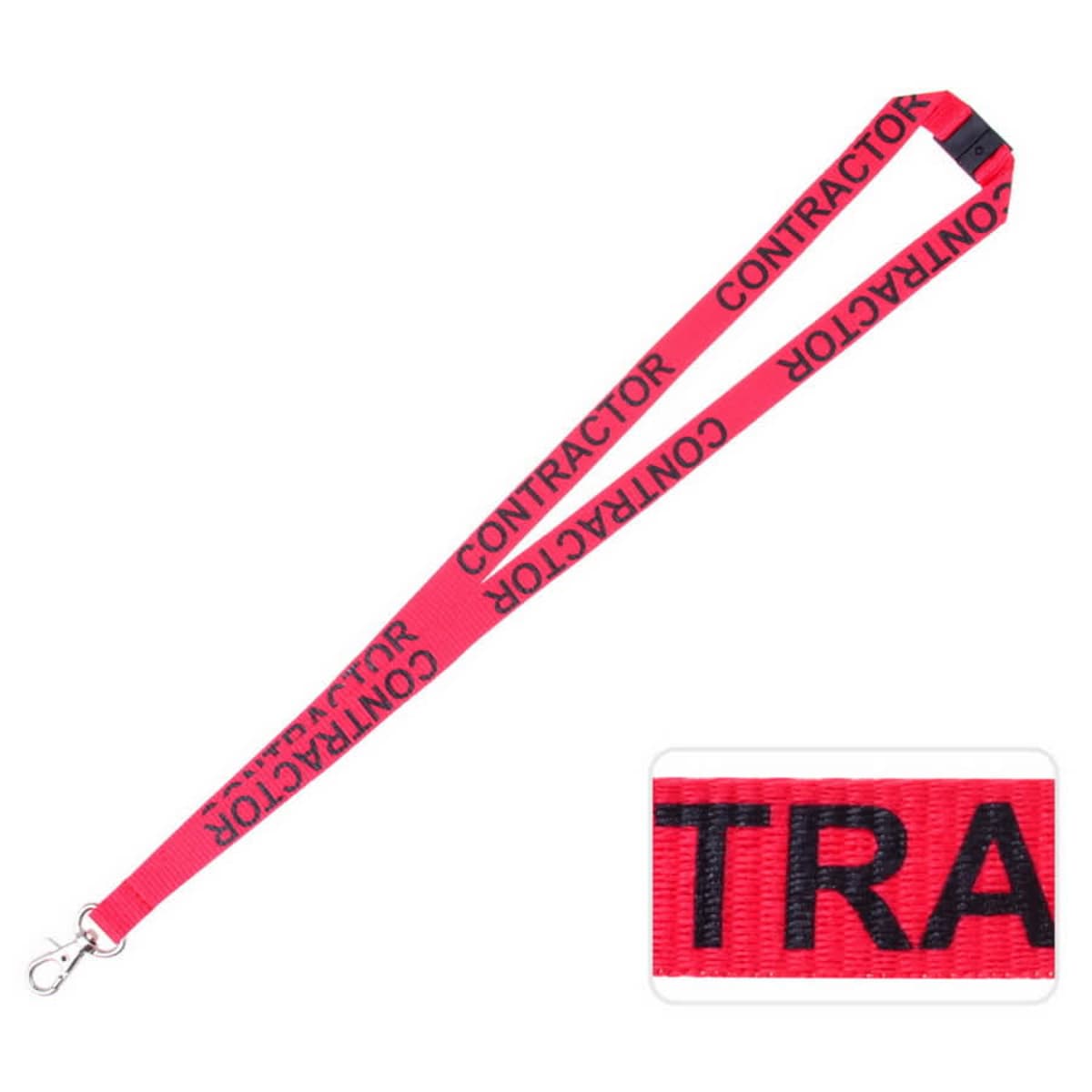 A red lanyard with the word CONTRACTOR printed in bold black letters repeatedly. It features a metal clasp for attaching items. A close-up inset shows a detailed view of the lettering.