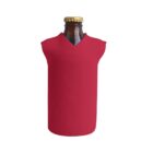 A glass bottle wearing a red, sleeveless sweater-like covering with a v-neck. The bottle cap is visible, and the garment fits snugly around the bottle, resembling a small sweater. The background is plain white.