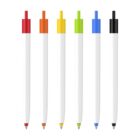 Six white pens with different colored click tops and tips are arranged vertically. The colors from left to right are red, orange, yellow, green, blue, and black. The pens have a sleek, minimalist design.