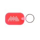 A rectangular red keychain with a metallic ring attached. It has a design of overlapping white triangles, resembling mountains, above the text THE ART OF ENDURANCE followed by a website URL in smaller font.