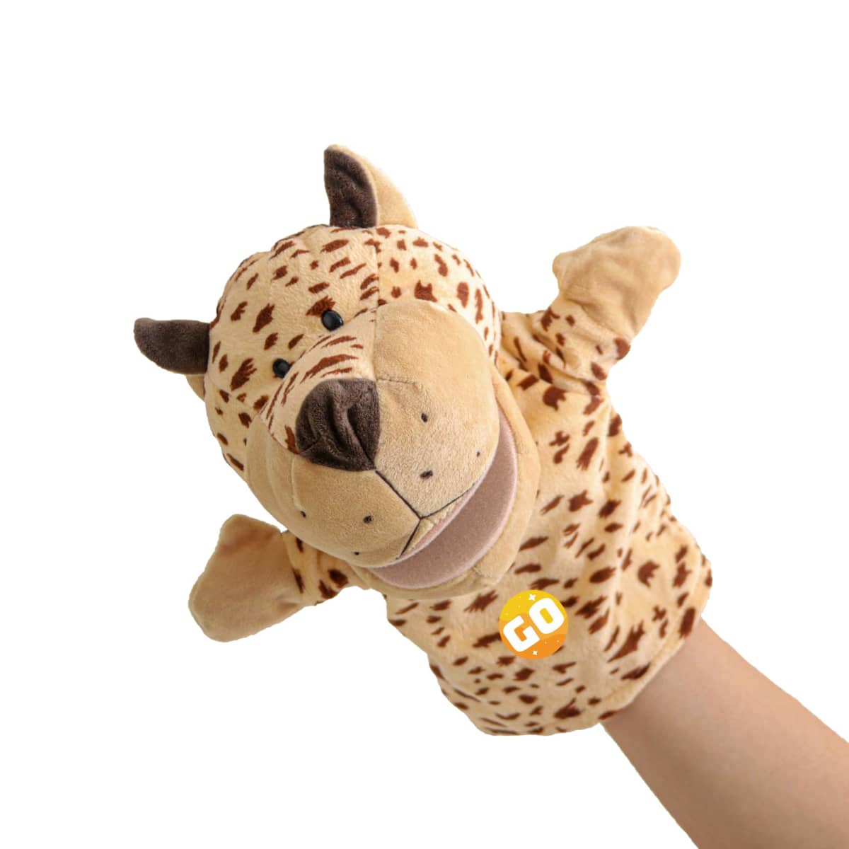 A persons hand is inside a leopard-patterned hand puppet. The puppet has a smiling face, small ears, and is decorated with spots. There is a small, circular GO logo on its chest.