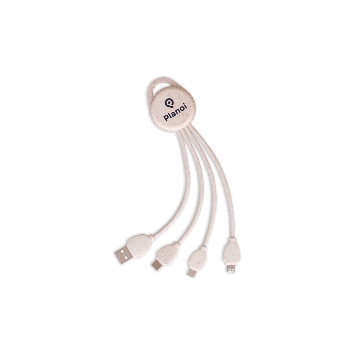 A white multi-port charging cable with a central hub marked Planoi, featuring four different connectors: USB, micro USB, USB-C, and Lightning.