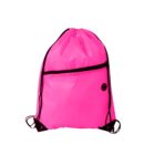 A bright pink drawstring backpack with a front zipper pocket and black drawstrings. The material appears shiny, and there is a small circular logo on the front. The background is plain white.