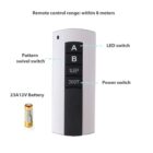 Image of a remote control with labeled buttons: A (LED switch), B (Pattern swivel switch), Sleep, and ON/OFF (Power switch). A 23A 12V battery is shown beside it. The remote control range is within 8 meters.