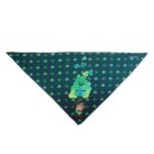 A green triangular bandana featuring a pattern of four-leaf clovers and a small cartoon leprechaun holding a bunch of green balloons near the bottom point.