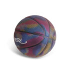 A colorful basketball with a pattern of overlapping, abstract shapes in shades of purple, blue, and yellow. The surface has a textured, dimpled design and the ball features distinctive branding.