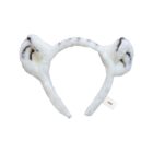 A white, fluffy headband designed to resemble animal ears with dark stripes. It has a soft texture and a small tag with SPO attached, isolated on a white background.