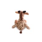 A plush toy giraffe with brown spots and a long neck, viewed from behind, against a plain white background.