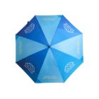 A blue umbrella with sections in varying shades of blue. Each section features a white logo with swirling lines and the word miracle, along with text advertising a doctors contact number.