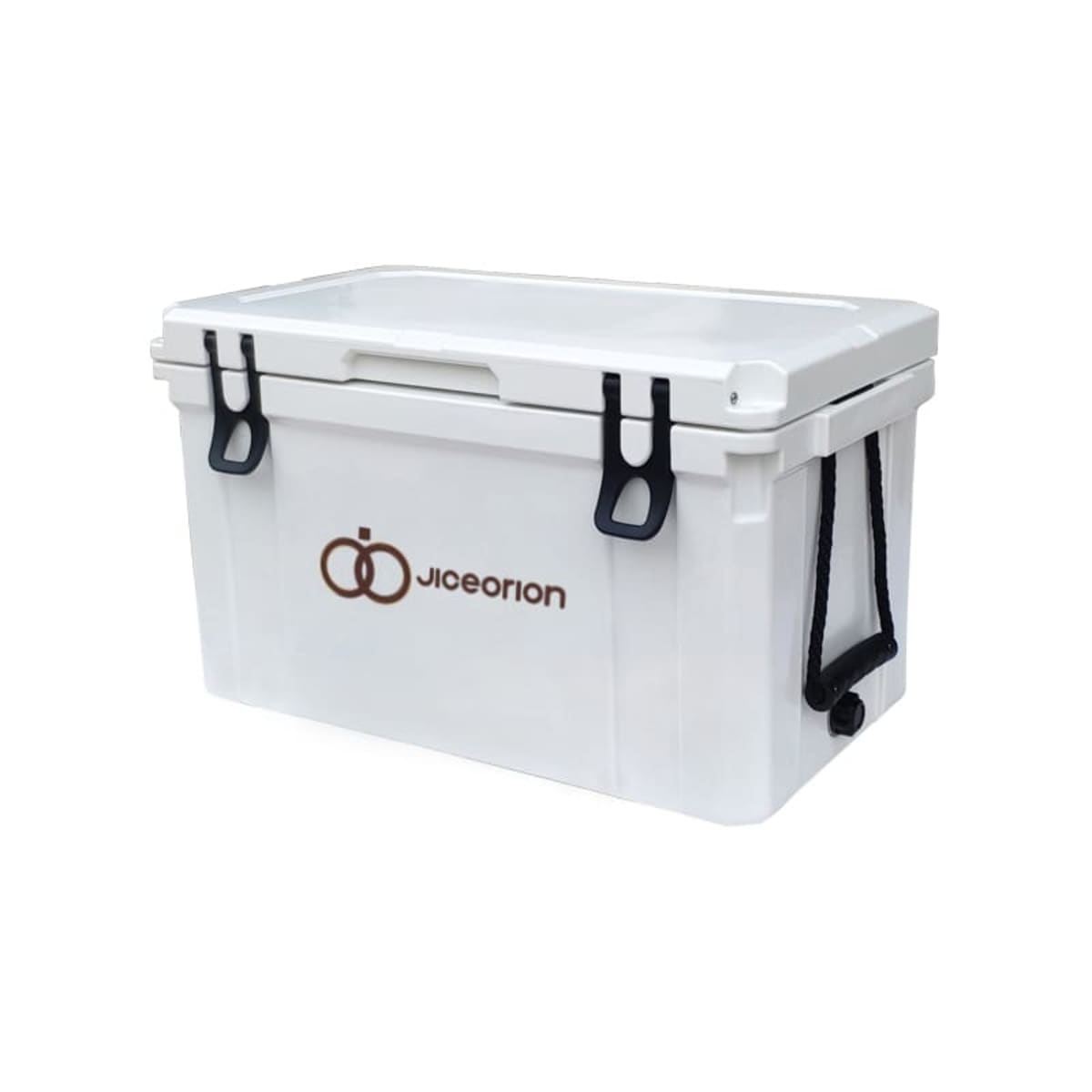 White cooler with a hinged lid, featuring black latches, a side handle, and a logo that reads Jiceorion on the front. The cooler is designed for carrying and storing chilled items.