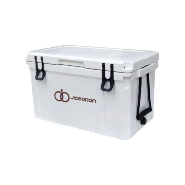 White portable cooler with a logo reading Jiceorion on the side. The cooler has two black latches and a side handle for carrying.