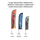Three vertical advertising banners of different sizes (large, medium, small) with distinct designs. Each banner features a unique graphic and color scheme. Sizes are labeled above as Large, Medium, and Small with corresponding dimensions.