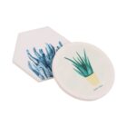 Two ceramic coasters: one hexagonal with a blue cactus illustration, and one round with an aloe vera plant in a yellow pot. Both have a modern design on a white background.