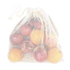 A mesh bag filled with a variety of colorful fruits, including red and yellow ones. The bag has a drawstring closure and is set against a white background.