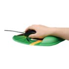 A hand using a black wired computer mouse on a green ergonomic mouse pad with a wrist rest. The background is white.