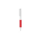 A red and white retractable pen with a red grip and a white clip, isolated on a white background.