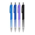 Four ballpoint pens in blue, purple, and black are lined up vertically. Each pen has a silver tip and clip, with a striped design on the lower half. The pens are arranged against a plain white background.