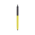 Yellow ballpoint pen with a black grip and clicker on a white background.