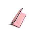 Pink zippered pouch on a white background. The pouch is partially open, revealing its light interior. The zipper is black with a metallic pull. The pouch appears smooth and rectangular in shape.