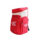 Red and white backpack with multiple zippered compartments, featuring the text BACKGROUND ABSTRACT HALFTONE on the front pockets.