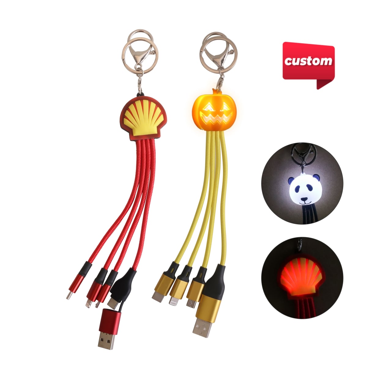 Two charging cable keychains: one with a red shell design and one with a yellow jack-o-lantern design. Both have multiple connectors. Circular images show glowing effects with a panda and shell design. A red custom label is in the upper right corner.