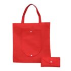 Red foldable tote bag with handles, featuring a front pocket with a snap closure. The bag is shown both unfolded and folded into a compact shape, secured with a button.