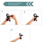 Three-step instructions showing hands adjusting a hand grip strengthener. Step 1: Rotate the dial on top. Step 2: Hold the grip firmly. Step 3: Complete adjustment for desired resistance level.