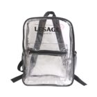 Clear backpack with Lesage Groupe text and a front zip pocket.