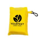 A small yellow pouch with a black logo of two leaves and the words YOURTEXT LOREM IPSUM printed on it. The pouch has a black clip attached at the top right corner.