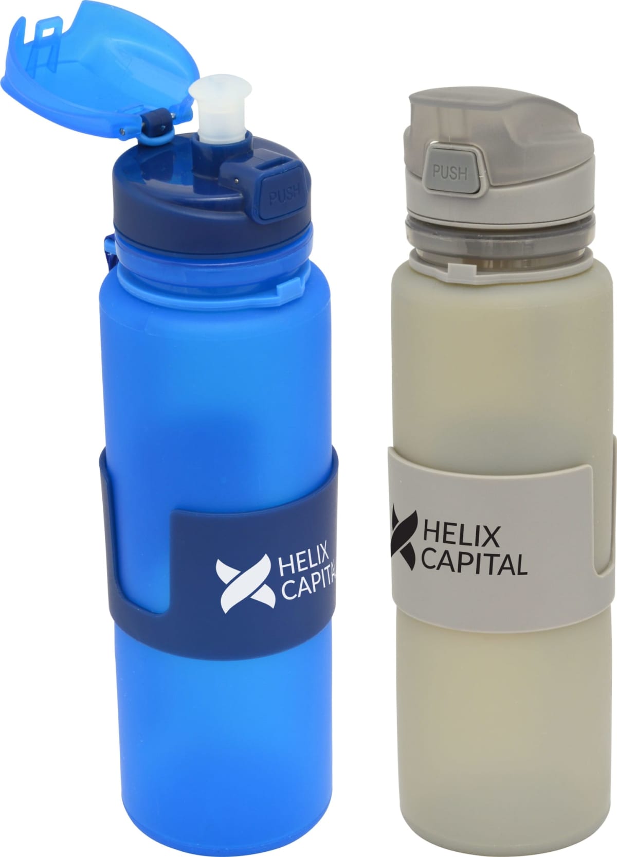 Two water bottles side by side. The left bottle is blue with a flip lid and HELIX CAPITAL logo. The right bottle is gray with a strap and similar logo. Both bottles feature push buttons on the lids for easy opening.