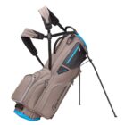 A gray TaylorMade golf bag with blue accents and multiple zippered pockets. It has a stand and two padded shoulder straps for easy carrying. The bag is designed for organizing and transporting golf clubs.