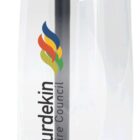 A clear water bottle with a blue and gray lid, featuring a colorful logo and the text Burdekin Shire Council. Inside the bottle, theres a blue mixing ball on a stick.