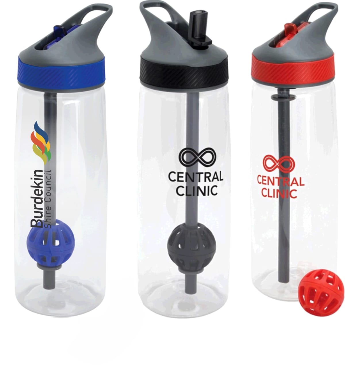 Three clear water bottles with grey lids. One has a blue lid and Burdekin Shire Council logo. The other two have red lids and Central Clinic logo. Each bottle contains a black straw and a colored ball at the bottom.